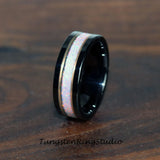 White Opal Rose Strips Black Tungsten Ring- Custom Order