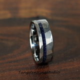 Nebula Blue Sandstone Silver Gray Hammered Offset Tungsten Ring