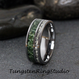 6mm Moss Agate Silver German Glass Tungsten Ring