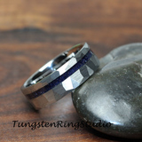 Nebula Blue Sandstone Silver Gray Hammered Offset Tungsten Ring