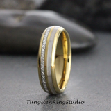 6mm Mother of Pearl Meteorite Yellow Gold Tungsten Ring