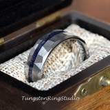 Nebula Blue Sandstone Silver Gray Hammered Offset Tungsten Ring