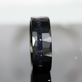 Nebula Blue Sandstone Silver Gray Hammered Offset Tungsten Ring