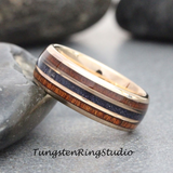 Nebula Blue Sandstone Koa Wood Rose Gold Tungsten Ring 8mm