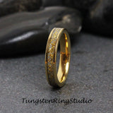 24K Gold Leaf Meteorite Yellow Gold Tungsten Carbide Ring 8mm