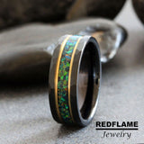 Emerald opal Yellow Gold Black Tungsten Carbide Rings - Custom Orther