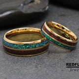 Peacock Blue Opal Dinosaur Bone Gold  Tungsten Carbide Rings - Custom Order