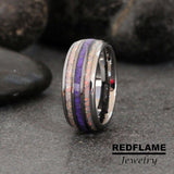 Fire Crushed White Opal Amethyst Silver Gray Tungsten Carbide Rings - Custom Order