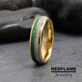 Emerald Rainbow Moonstone Yellow gold  Tungsten Carbide Rings - Custom Order