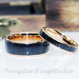 Match His and Hers Crushed Blue Sandstone Nebula Black Wedding Ring Rose Gold Silver Tungsten Wedding Ring Wedding Set Rose Gold Ring Set