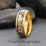 Meteorite Gold Leaf Hammered Tungsten Ring Set