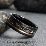 Meteorite Rose Gold Strip Hammered Black Tungsten Carbide Ring