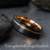 Rose Gold Accent Black Beveled Brushed Tungsten Carbide Ring