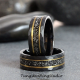 Meteorite Yellow Gold Strip Hammered Black Tungsten Carbide Ring