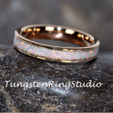 Crushed Fire White Opal Inlaid Rose Gold Tungsten Carbide Ring 4 mm 6 mm 8 mm