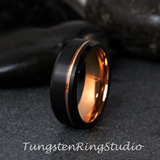 Rose Gold Accent Black Beveled Brushed Tungsten Carbide Ring