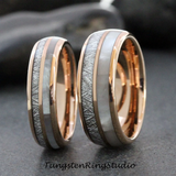 Meteorite Mother of Pearl Rose Gold Tungsten Ring Set