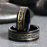 Meteorite Yellow Gold Strip Black Tungsten Carbide Ring