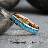 Peacock Blue Opal Inlaid Rose Gold Tungsten carbide Ring 4 mm