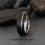 White Gold Accent Black Beveled Brushed Tungsten Carbide Ring