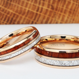 Imitation Meteorite Koa Wood Rose Gold Tungsten Ring Set