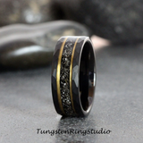 Meteorite Yellow Gold Strip Hammered Black Tungsten Carbide Ring