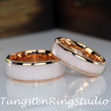 Crushed Fire White Opal Inlaid Rose Gold Tungsten Carbide Ring 4 mm 6 mm 8 mm