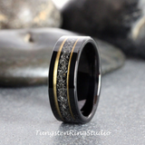 Meteorite Yellow Gold Strip Black Tungsten Carbide Ring