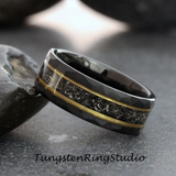 Meteorite Yellow Gold Strip Hammered Black Tungsten Carbide Ring