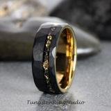 Meteorite Gold Leaf Black Hammered Tungsten Ring Set