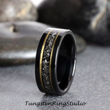 Meteorite Yellow Gold Strip Black Tungsten Carbide Ring