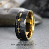 Gold Leaf Meteorite hammered offset tungsten Ring