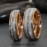 Meteorite Mother of Pearl Rose Gold Tungsten Ring Set