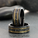 Meteorite Yellow Gold Strip Hammered Black Tungsten Carbide Ring