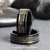 Meteorite Yellow Gold Strip Black Tungsten Carbide Ring