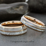 Meteorite Mother of Pearl Rose Gold Tungsten Ring Set