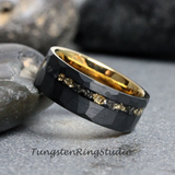 Gold Leaf Meteorite hammered offset tungsten Ring