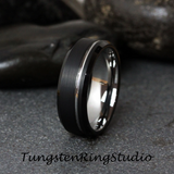 White Gold Accent Black Beveled Brushed Tungsten Carbide Ring