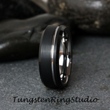 White Gold Accent Black Beveled Brushed Tungsten Carbide Ring