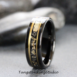 Gold Leaf Meteorite Black Tungsten Ring