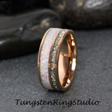 Fire White Opal and Silver German Glass Inlaid Rose Gold Tungsten Carbide Ring 6 mm 8 mm