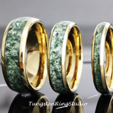 Moss Agate Polished Yellow Gold Tungsten Carbide Ring 4 mm 6 mm 8 mm