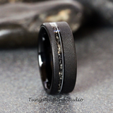 Meteorite with Guitar String Sandblasted Black Tungsten Ring 8 mm