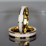 Fire and Snow White Opal Inlaid Yellow Gold Tungsten Carbide Ring