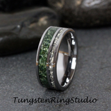 Moss Agate Silver Glass Tungsten Ring Set