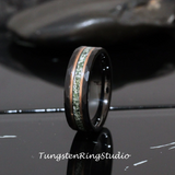 Moss Agate Rose Gold Accent Black Hammered Tungsten Ring 6mm 8 mm