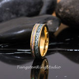 Moss Agate and White Opal Yellow Gold Tungsten Ring