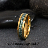 Moss Agate Hammered Yellow Gold Tungsten Ring 4mm 6mm 8mm