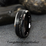 Meteorite Black Bevel Silver Edges Tungsten Carbide Ring