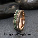 Moss Agate and German Glass Rose Gold Tungsten Ring